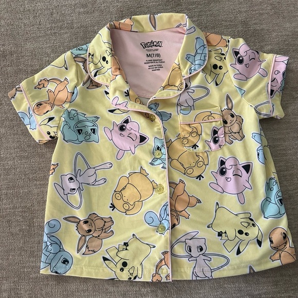 Pokémon Girls Pajama Set Size M (7/8) Yellow Button-Up Short Sleeve 2PC - Picture 4 of 9